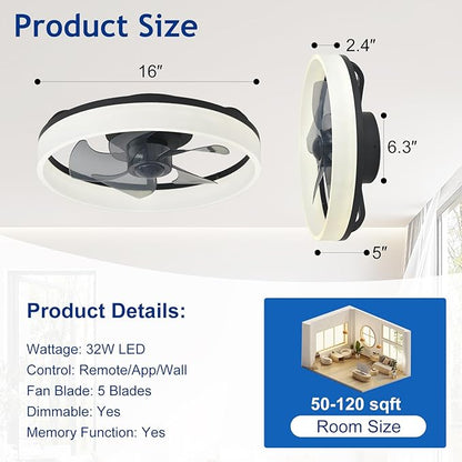 DLLT LED Ceiling Fan with Light: 16" Modern Low Profile Flush Mount Fandelier with App & Remote Control - Dimmable Black Bladeless Fan Light Fixture for Bedroom Kids Room Living Room