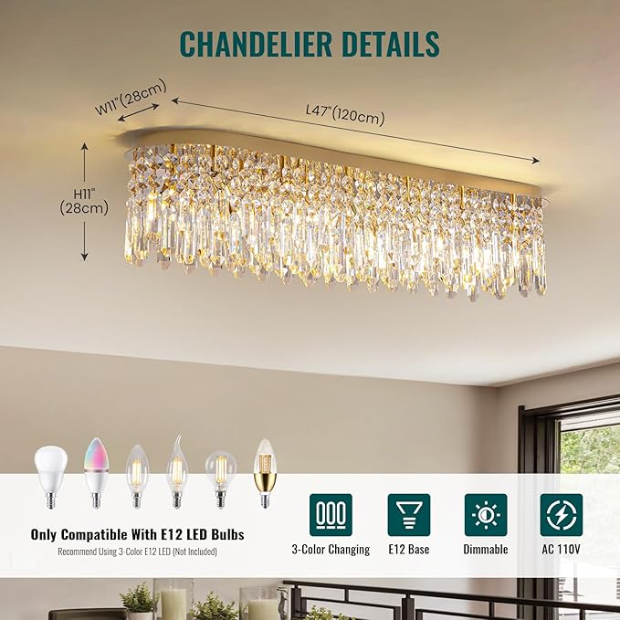 Siljoy 12-Light Modern Gold Crystal Raindrop Chandelier for Dining Room, Luxury Oval Flush Mount Crystal Pendant Ceiling Light Fixture for Living Room Kitchen Island Bar L47''xW11''xH10.6''