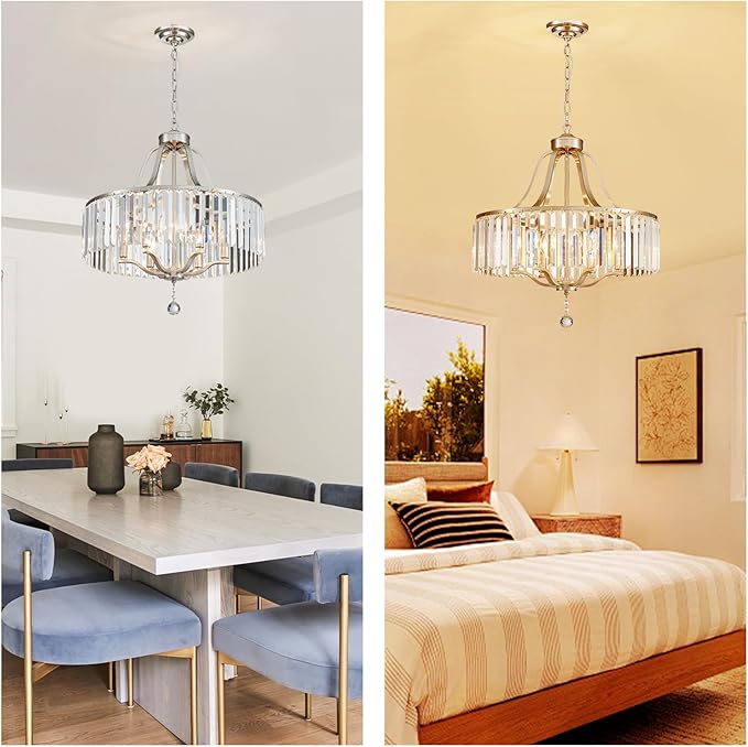 Brushed Nickel Chandeliers for Dining Room 21.7 Inch Crystal Light Fixture 6-Light Modern Farmhouse Round Large Chandeliers for Kitchen Hallway Bedroom Foyer Adjustable Height Hanging Lamp