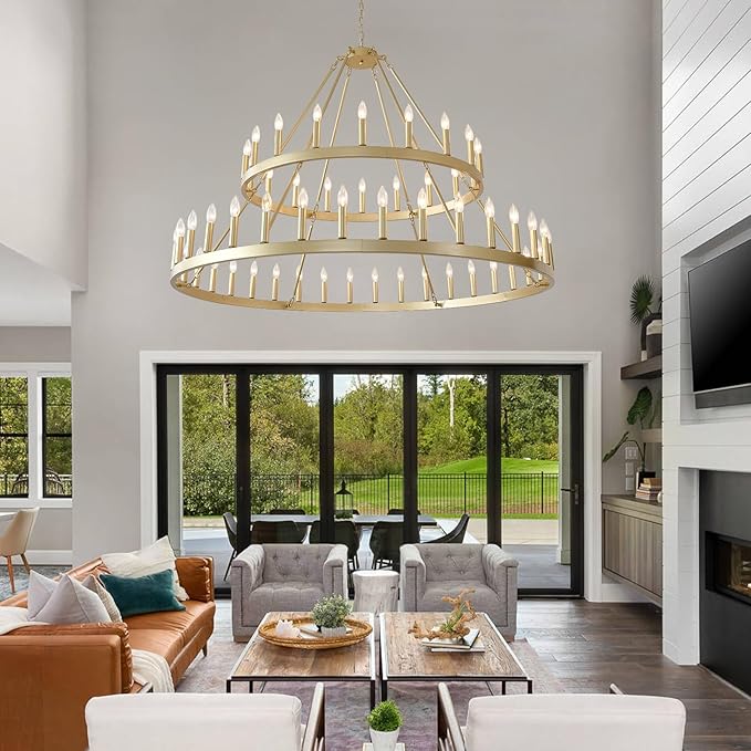 HHR 60" Gold Wagon Wheel Chandelier 2-Tier, Extra Large Farmhouse Chandelier for High Ceilings 54-Light, Round Gold Chandeliers Light Fixture for Foyer, Entryway, Dining Room, E12