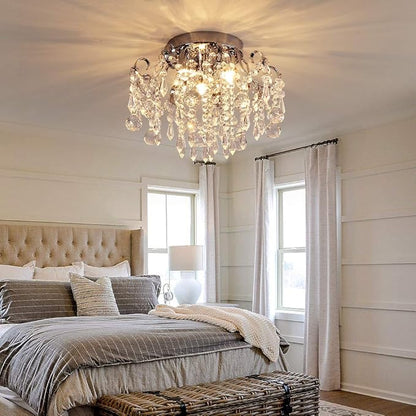 Q&S Small Crystal Chandelier Flush Mount Ceiling Light 3 Lights Modern Chrome Iron Raindrop Crystal Ceiling Fixture for Bedroom Hallway Closet Entryway Stairs