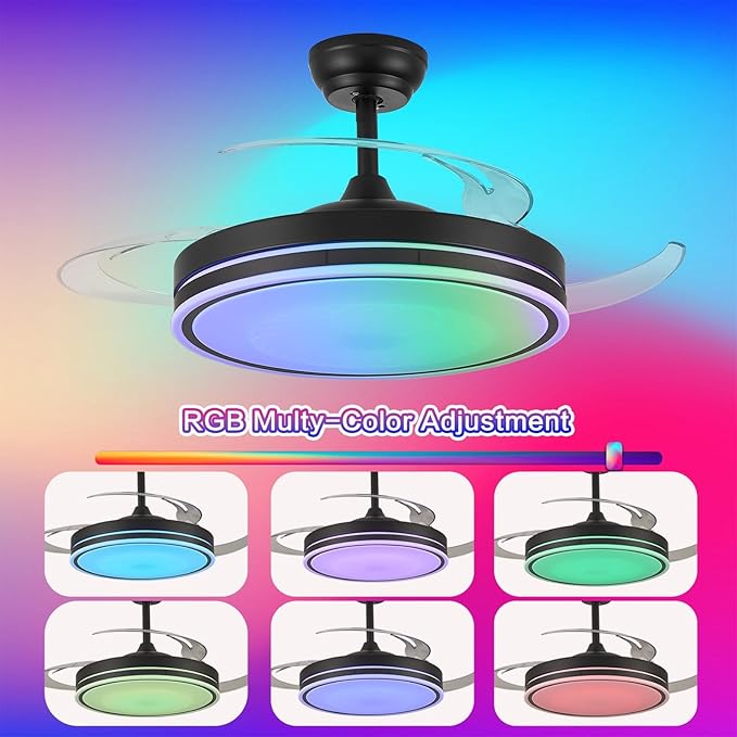 36" RGB Fandelier Light, Bluetooth Black Modern Ceiling Fan - 6 Speed Silent Reversible Blade, Remote/APP Control, Dimmable LED for Dining Living Room, Bedroom Kitchen