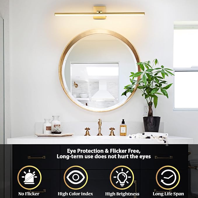 LED Bathroom Vanity Light, Modern Bathroom Light Fixture Over Mirror (3000K/4000K/6000K, Dimmable), Vanity Light Bar with Angle Adjustable, 32 Inch, Brass