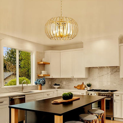 Modern Chandelier for Dining Room 17.7" Gold Crystal Pendant Lighting Fixture Rustic Round Metal Shade Hanging Ceiling 4-Light for Living Room Bedroom Kitchen Island Hallway