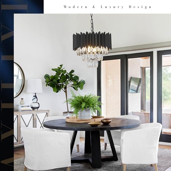 A AXILIXI Crystal Chandeliers Contemporary Small 16” Black Ceiling Pendant Light Fixture 3 Tiers Flush Mount Round Chandeliers Vintage for Dining Room Foyer Kitchen Entryway