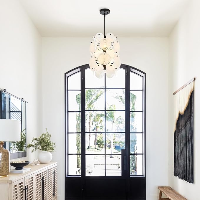 Modern Black Glass Chandelier for Entryway, Coastal Dining Room Light, 6-Light Unique Pendant Light Fixture for Foyer Bedroom Stairway Kitchen