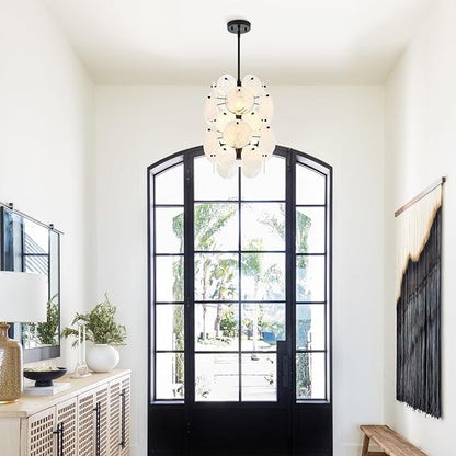 Modern Black Glass Chandelier for Entryway, Coastal Dining Room Light, 6-Light Unique Pendant Light Fixture for Foyer Bedroom Stairway Kitchen
