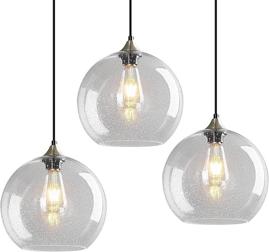 Modern 3-Pack Glass Globe Pendant Lights, Clear Modern Pendant Lighting for Kitchen Island, Clear Glass Hanging Lamps for Dining Room Living Room Bedroom, Medium 7.87 Inch Fixture (Bulbs Not Included)