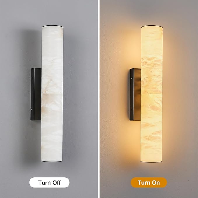 LMQNINE Natural Alabaster Wall Sconces Set of Two Spanish Marble Wall Light Cylinder Modern Black LED Sconce for Living Room Bedroom Bathroo Stairs（S-2Pack）