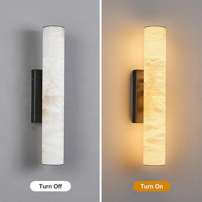 LMQNINE Natural Alabaster Wall Sconces Set of Two Spanish Marble Wall Light Cylinder Modern Black LED Sconce for Living Room Bedroom Bathroo Stairs（S-2Pack）