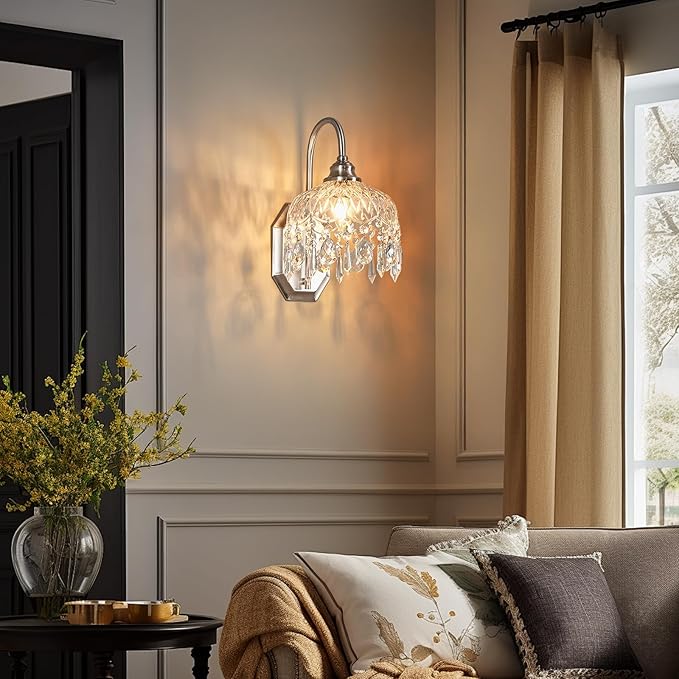 1-Pack Vintage Wall Sconce,Glass Crystal Wall Sconce,Matte Brushed Antique Nickel Finish for Bedroom Bathroom Hallway Living Room Decor