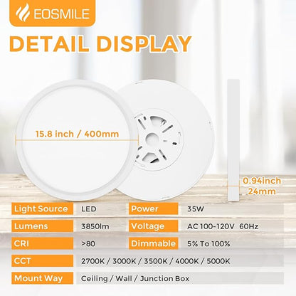 2Pack 15.8 Inch LED Flush Mount Ceiling Light, 35W, 3850LM, 2700K-5000K 5CCT Selectable & Dimmable, White Round Flat Panel Light for Hallway, Kitchen, Bedroom, Laundry Room