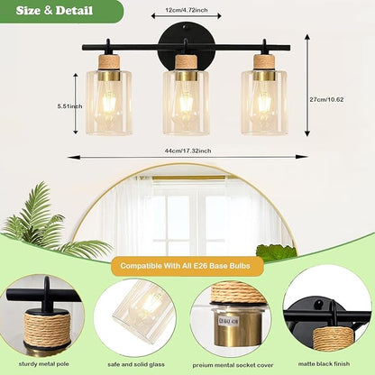 Bathroom Light Fixtures,3-Light Matte Black Vanity Light with Clear Glass Shade,Farmhouse Bathroom Lighting Fixtures Over Mirror,Wall Sconces for Bedroom Kitchen Cabinet Living Room Hallway