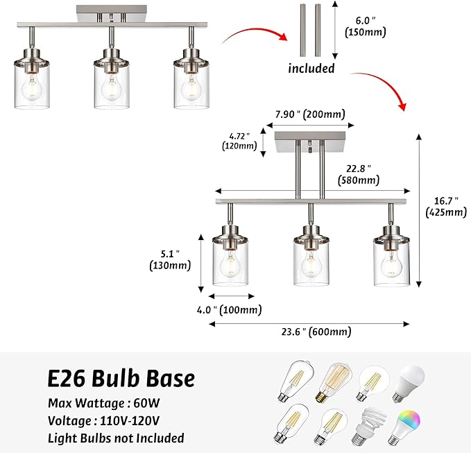 Track Lighting Fixtures 3 Light Directional Ceiling Lights with Adjustable Track Heads, Brushed Nickel Bathroom Vanity Light with Clear Glass Shade