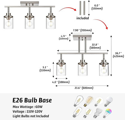 Track Lighting Fixtures 3 Light Directional Ceiling Lights with Adjustable Track Heads, Brushed Nickel Bathroom Vanity Light with Clear Glass Shade