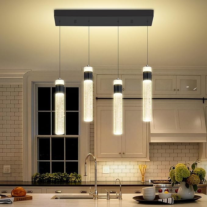 4-Light Gold Pendant Lights Kitchen Island Modern LED Gold Crystal Column Chandeliers Dimmable Crystal Ceiling Light for Dinning Room Living Room 32W