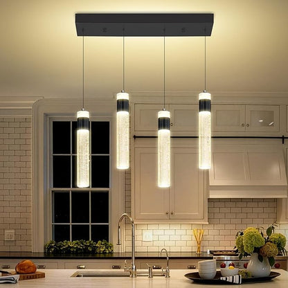 4-Light Gold Pendant Lights Kitchen Island Modern LED Gold Crystal Column Chandeliers Dimmable Crystal Ceiling Light for Dinning Room Living Room 32W