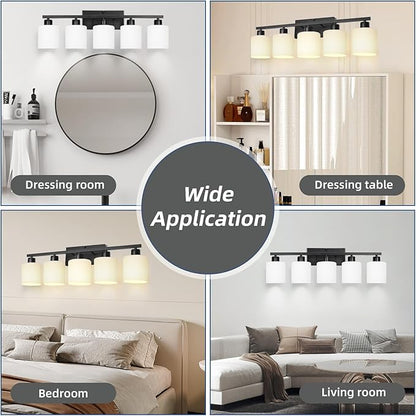 SILAMPDI Black Bathroom Light Fixtures Over Mirror, 5-Light Vanity Lights for Bathroom, Modern Wall Sconces Lighting for Bedroom Living Room, Milky White Glass Shades, E26 Base, Bulbs Not Included