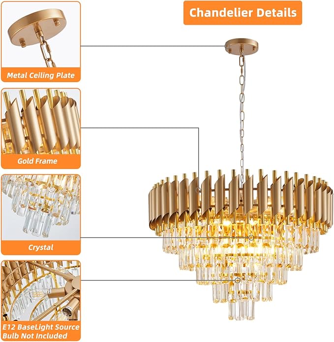 Gold Crystal Chandelier 24" Modern Living Room Chandeliers, K9 Crystal Ceiling Lights Fixtures, Round 5 Tiers Pendant Lighting Large Chandelier for Entryway Dining Room Staircase
