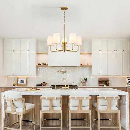 Modern Farmhouse Chandelier, 5-Light Gold Chandelier White Fabric Shade, Height Adjustable Industrial Pendant Light for Kitchen Over Table, 25‘’Dining Room Light Fixture for Living Room