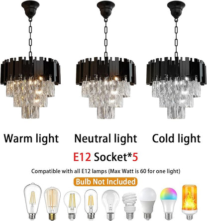 Modern Crystal Chandelier 16" Round K9 Crystal Ceiling Light Adjustable Black 3-Tier Chandelier with 5 Lights Elegant Fixture for Dining Room Living Room Foyer