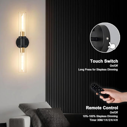SANTOSTOCK Battery Operated Wall Sconce Set of 2, 12000mAh Rechargeable Wall Lights with Remote Control, Wireless Dimmable Wall Lamps for Bedroom Living Room Bathroom Hallway Stairwell, Black & Gold