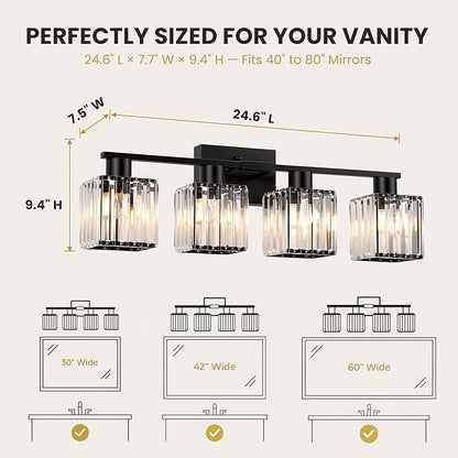Crystal Bathroom Light Fixtures, 4-Light Matte Black, Vanity Lights for Bathroom Over Mirror, Modern Bath Wall Sconce for Mirror Bedroom Living Room