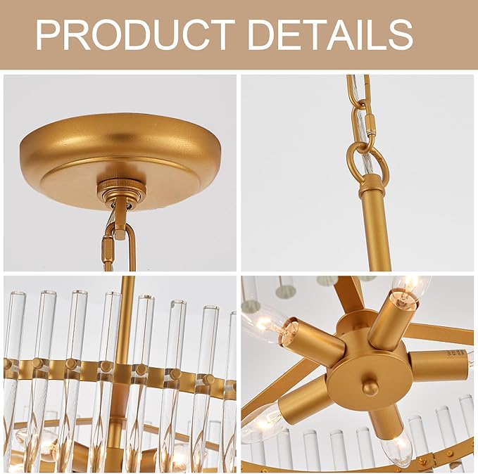 Glass Chandelier for Entryway, Gold Pendant Light for Hallway, Modern Hanging Light Fixture for Kitchen Island Dining Room Bedroom Foyer, Dia 24 Inch