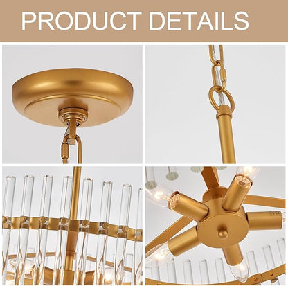 Glass Chandelier for Entryway, Gold Pendant Light for Hallway, Modern Hanging Light Fixture for Kitchen Island Dining Room Bedroom Foyer, Dia 24 Inch