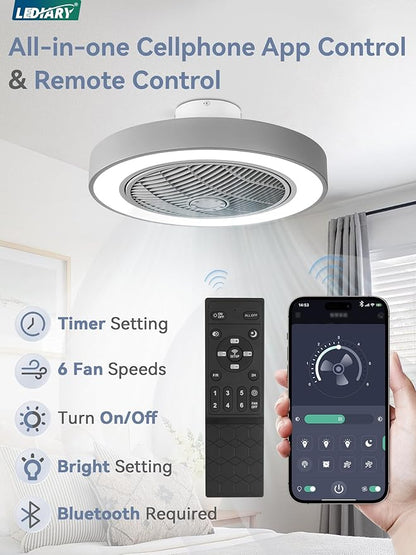 LEDIARY 22in Enclosed Ceiling Fan with Light and Remote, Grey Modern Bladeless Ceiling Fan with Bright Light, Led Flush Mount Ceiling Fans for Bedroom, Living Room, Kid Room(6 Speeds, 3000-6000K)