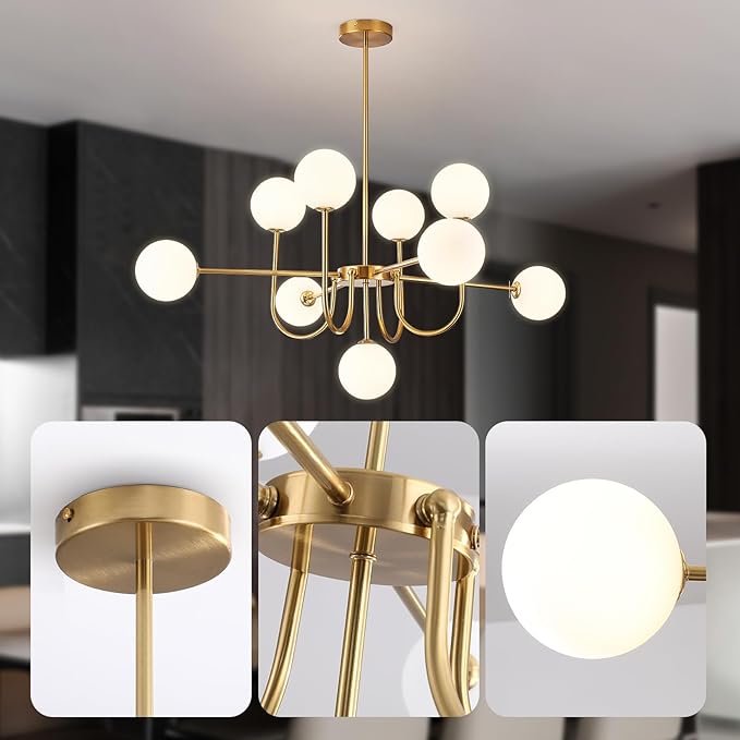Modern Gold Chandelier Light Fixture,9-Light Sputnik Chandeliers Mid Century Glass Pendant Light Bubble Chandeliers for Dining Room,Kitchen Island,Living Room,Globe Pendant Lighting