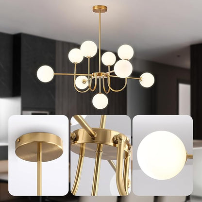 Modern Gold Chandelier Light Fixture,9-Light Sputnik Chandeliers Mid Century Glass Pendant Light Bubble Chandeliers for Dining Room,Kitchen Island,Living Room,Globe Pendant Lighting