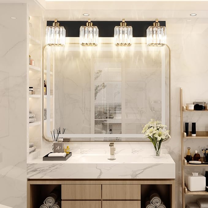 Aipsun Bathroom Vanity Light Fixtures Crystal Vanity Light for Bathroom 4 Light Modern Vanity Lighting (Exclude Bulb)