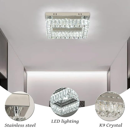 Finktonglan Modern Crystal Flush Mount Ceiling Light, 11.8" Rectangular LED Ceiling Fixture with Multi-Faceted Crystal Prisms, Cool White, 18W Low Profile for Bedroom Hallway Entryway