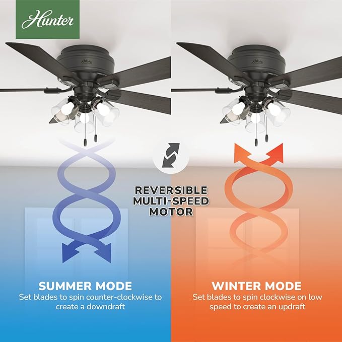 Hunter Crestfield Indoor Low Profile Ceiling Fan with LED Light and Pull Chain Control