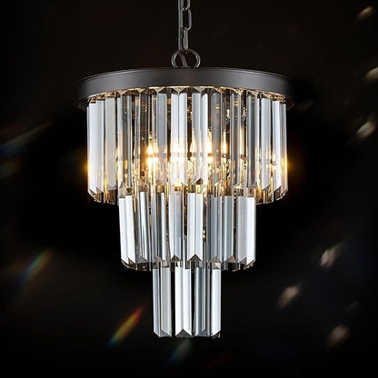 CATINER 3 Tier Black Crystal Pendant Light, Mini Smoke Gray K9 Crystal Chandelier with Adjustable Chain, Modern Small Ceiling Pendant Lighting for Kitchen Island Dining Room Hallway Bedroom Closet