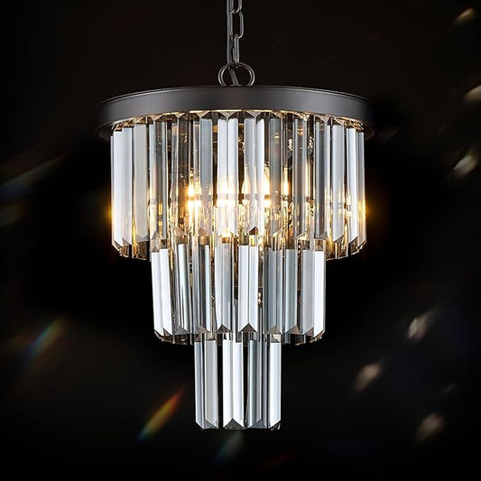 CATINER 3 Tier Black Crystal Pendant Light, Mini Smoke Gray K9 Crystal Chandelier with Adjustable Chain, Modern Small Ceiling Pendant Lighting for Kitchen Island Dining Room Hallway Bedroom Closet