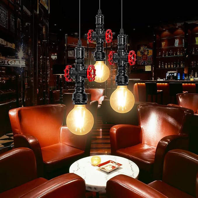 Kawell Vintage Pendant Light Fixtures Industrial Retro Ceiling Chandelier Creative Water Pipe Hanging Light Fixtures Art Deco Iron E26 60W Max for Bedroom Cafe Bar Restaurant Kitchen, Black Color
