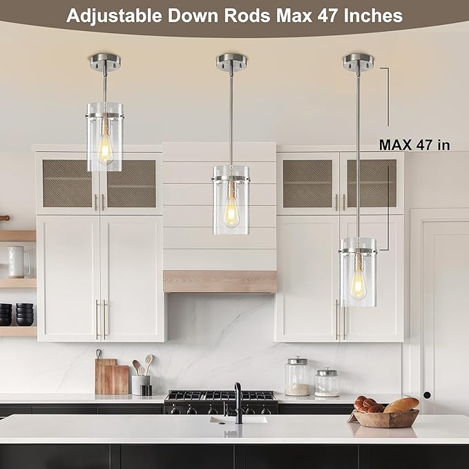 1 Pack Seeded Glass Pendant Lights Kitchen Island, Hanging Modern Pendant Light Fixtures, 5.5" Brushed Nickel Pendant Lighting Island Lights for Kitchen Over Sink Entryway Hallway