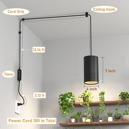 40W Plant Lights for Indoor Growing, Hanging Plant Lamp for Indoor Plants, Large Tall Plant, Garden, Flowers, Greenhouse, with Timer and 15ft Braided Cord, 3000K Full Spectrum, COB Bulb Aluminum Black