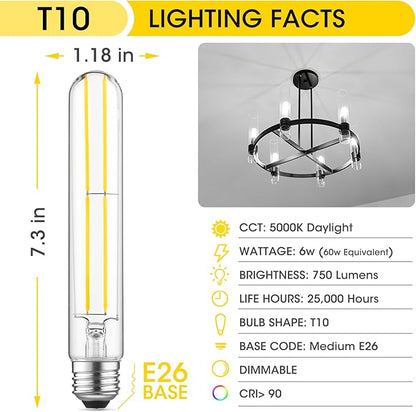 Gozelux 7.3 Inch Long Tubular Vintage LED Edison Bulbs, 6W, Equivalent 60W, High Brightness Daylight 5000K, T10 LED Filament Bulbs with 90+ CRI, E26 Medium Base, Dimmable, Clear Glass, Pack of 6