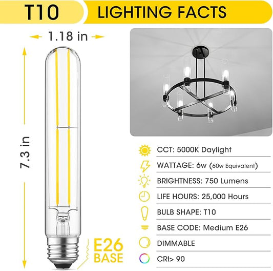 Gozelux 7.3 Inch Long Tubular Vintage LED Edison Bulbs, 6W, Equivalent 60W, High Brightness Daylight 5000K, T10 LED Filament Bulbs with 90+ CRI, E26 Medium Base, Dimmable, Clear Glass, Pack of 6
