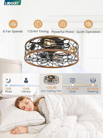 LEDIARY Caged Ceiling Fans with Lights, Farmhouse Flush Mount Ceiling Fan with Remote&App, Black&Walnut Low Profile Ceiling Fan Light Fixture for Bedroom, Kitchen, Dining Room.