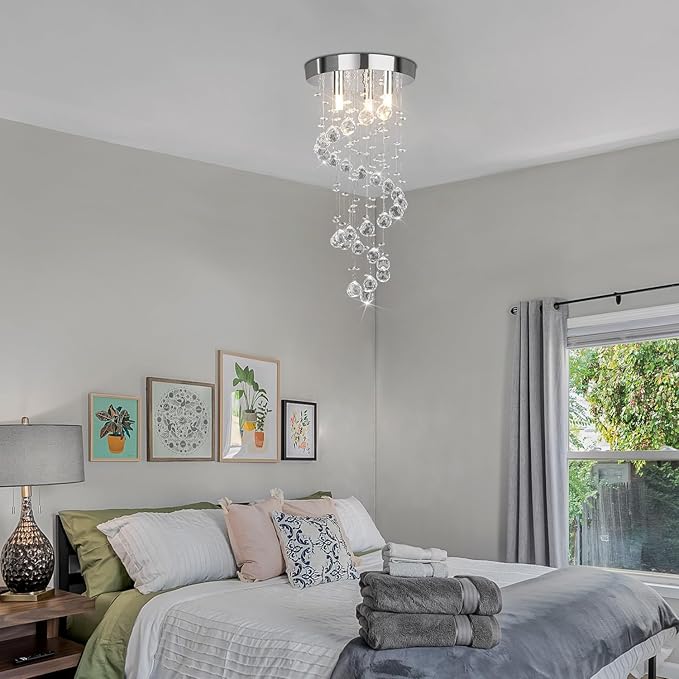 3-Lights Spairal Crystal Chandelier,Modern Raindrop Light Fixture Pendant Ceiling Mount Lamp Lighting Fixtures for LivingRoom, Bedroom, Bathroom D9“ X H21.3”