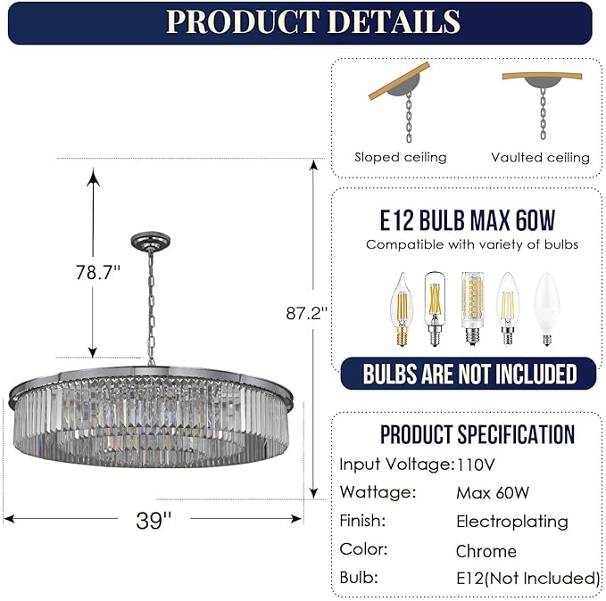 Crystal Chandelier Chrome 18-Lights 3-Tier Modern Luxury Pendant Ceiling Lights Fixture for Dining Room Living Room Bedroom Chandeliers Lighting