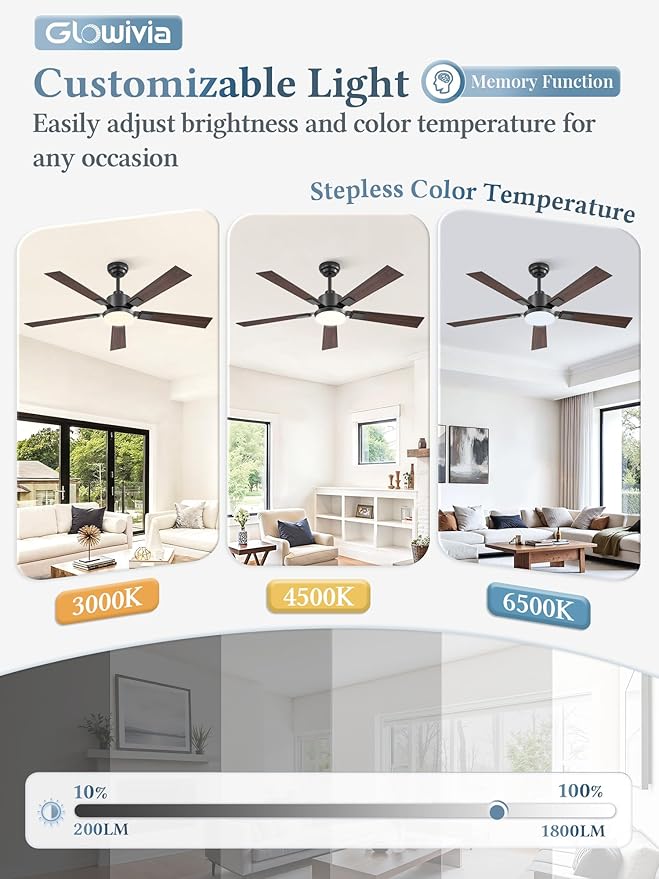 52 Inch Ceiling Fans with Lights and Remote&APP Control, Black Smart Ceiling Fan with 3000-6000K Dimmable, 6 Speeds Quiet Reversible Motor, Indoor/Outdoor Ceiling Fan for Bedroom Living Room