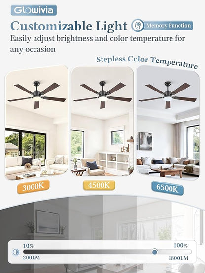 2 Pack 52 Inch Ceiling Fans with Lights and Remote&APP Control, Black Smart Ceiling Fan with 3000-6000K Dimmable, 6 Speeds Reversible, Indoor/Outdoor Ceiling Fan for Bedroom Living Room