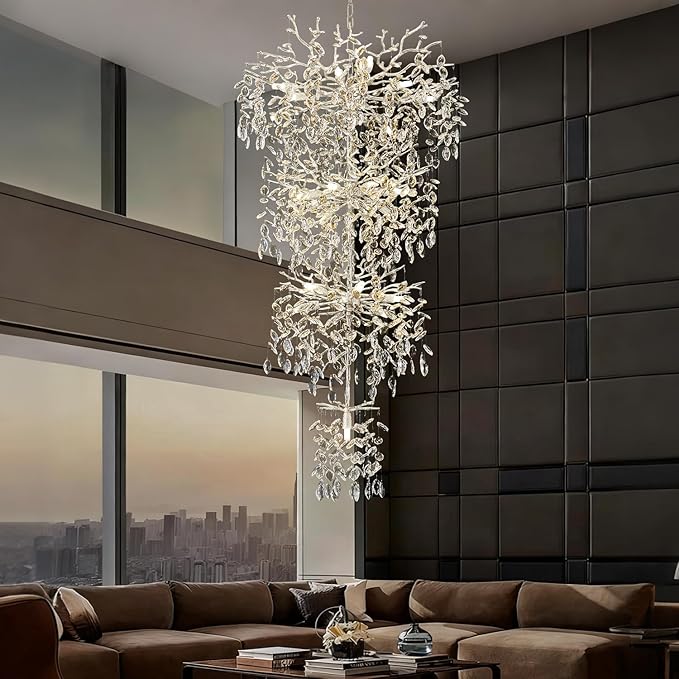 Modern Tree Branch Crystal Chandelier 91" Sliver Luxury Large Pendant Lighting 25-Light Contemporary K9 Crystal Chandeliers for Dining Room Kitchen Living Room Foyer Entryway (Sliver, H91"-Round)