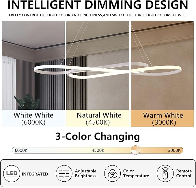 Led Pendant Light for Kitchen Island Lighting Modern Chandelier for Dining Room Light Fixture Dimmable with Remote Control 3000K-6500K Color Changing