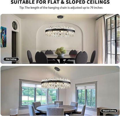 Modern Black Crystal Chandelier Lights, Round K9 Crystal Raindrop Chandelier, Pendant Ceiling Light for Dining Living Room Bedroom Entryway, Diameter 30 inches